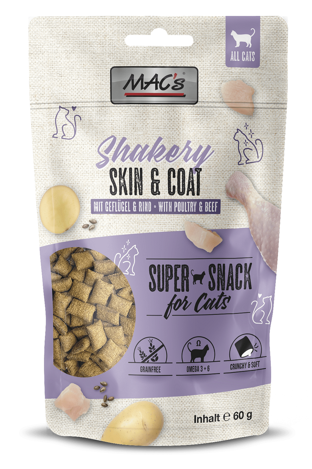 Mac's Cat Adult Shakery Skin & Coat лакомство за здрава кожа и козина с пилешко, говеждо и сьомга за израснали котки 60 гр