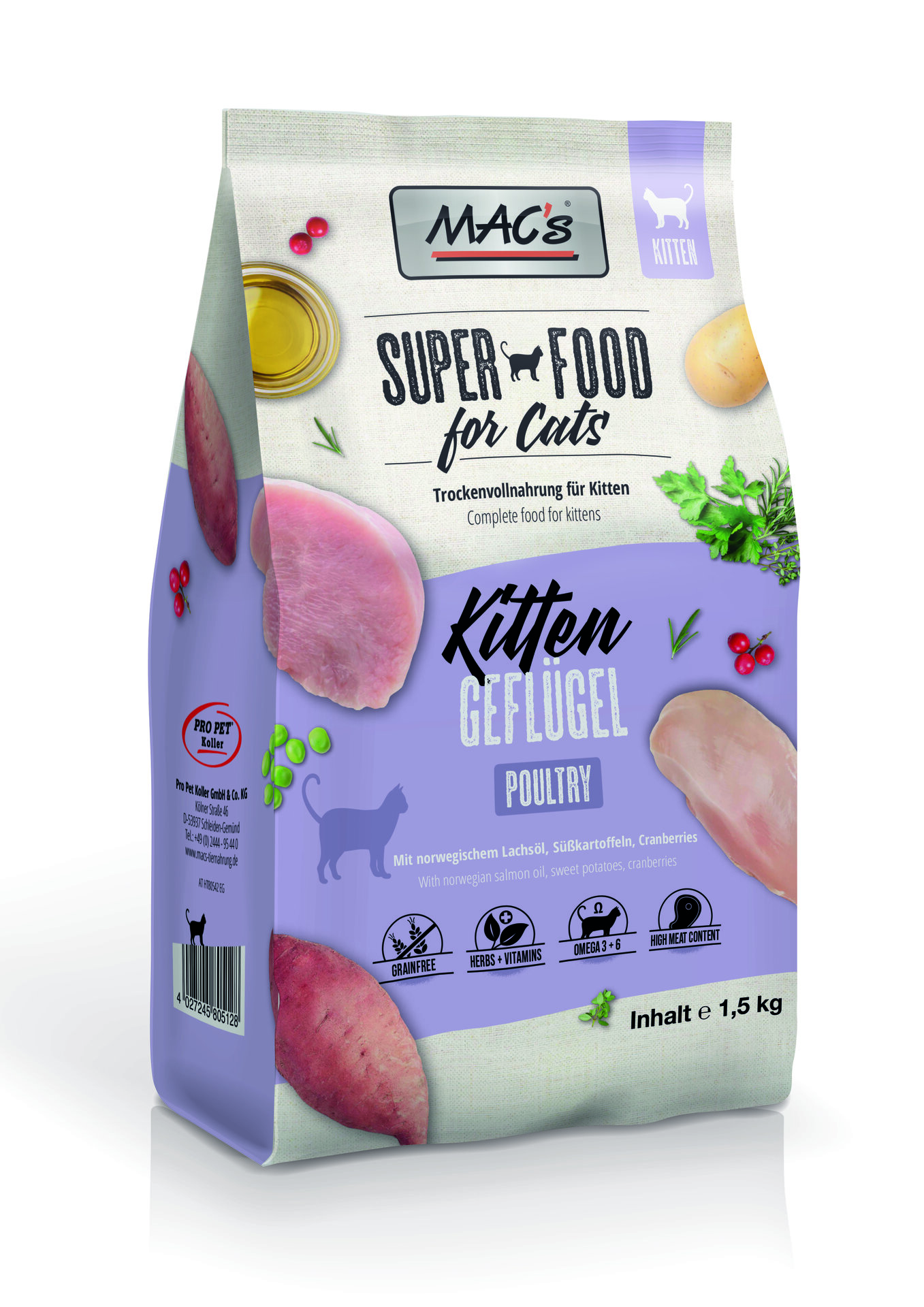 Mac's Kitten суха храна с пилешко, скариди и норвежка сьомга за подрастващи котки - 300 гр, 1.5 кг или 7 кг, 300 гр.