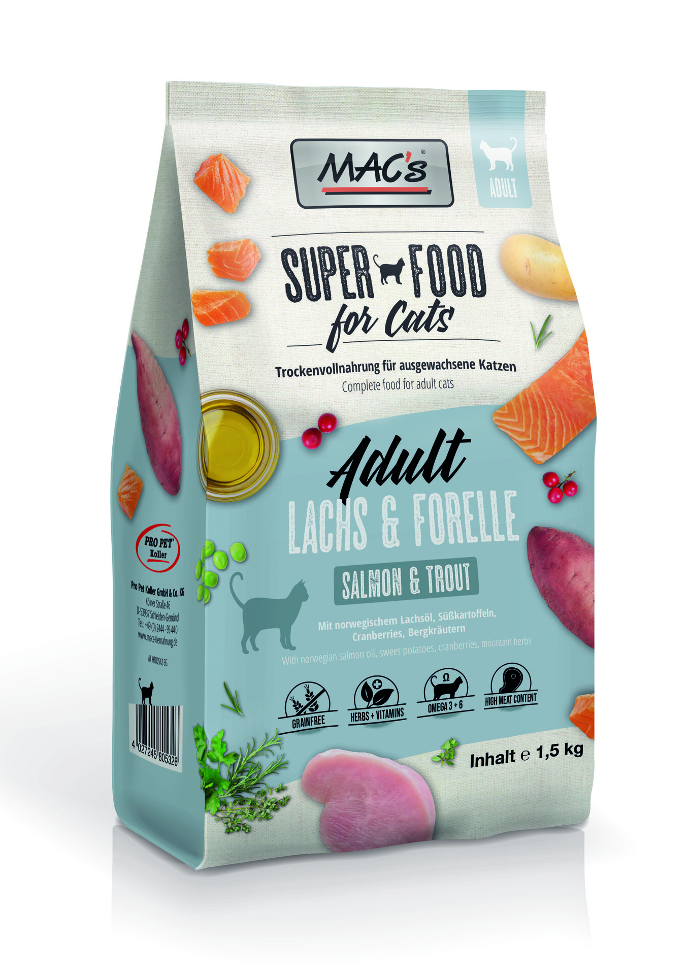 Mac's Cat Adult суха храна със сьомга и пъстърва за израстнали котки - 300 гр, 1.5 кг или 7 кг, 1.5 кг.