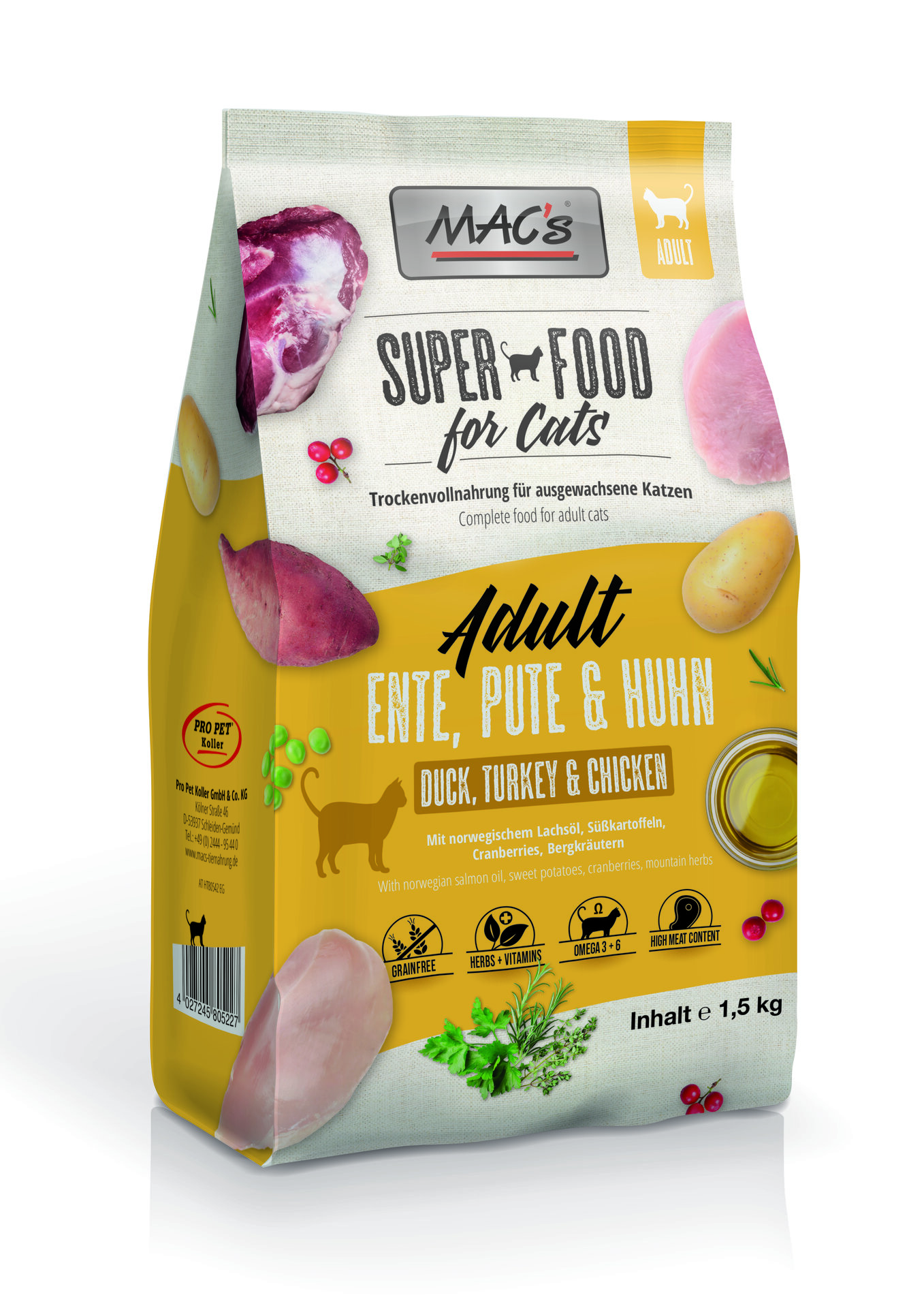 Mac's Cat Adult суха храна с патешко, пуешко и пилешко за израстнали котки - 300 гр, 1.5 кг или 7 кг, 300 гр.