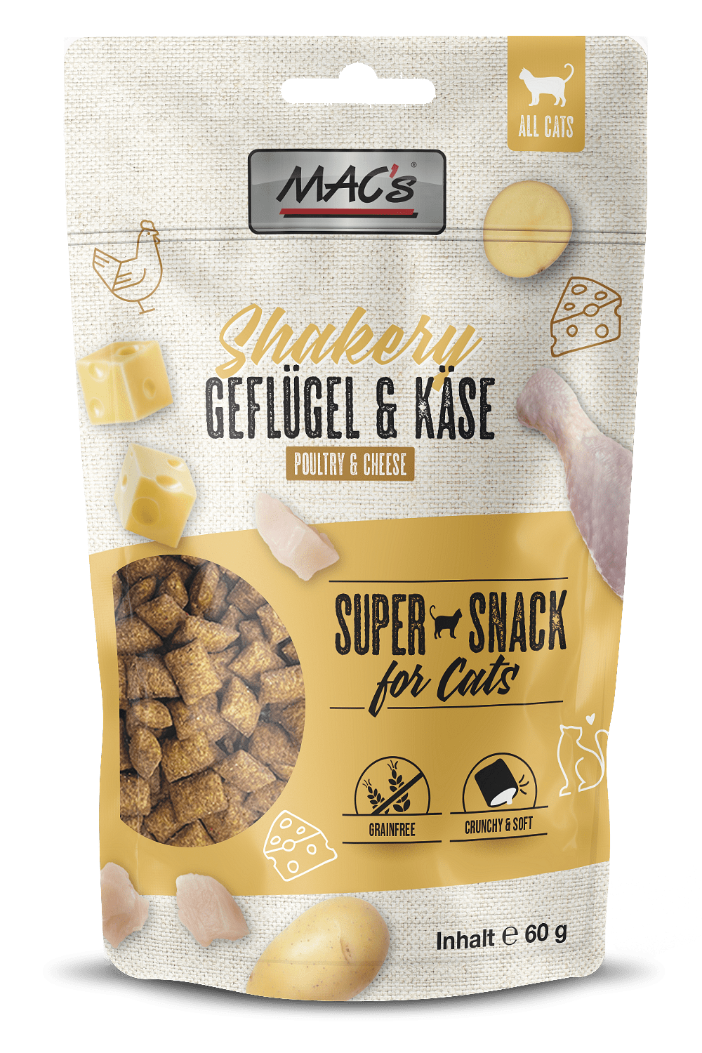 Mac's Cat Adult Shakery Chicken & Cheese лакомство с говеждо, пилешко и сирене за израснали котки 60 гр