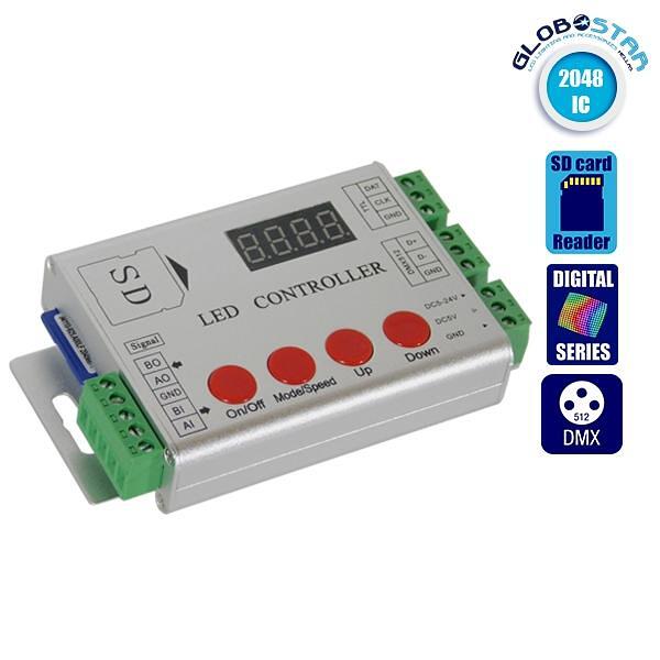GloboStar® 73444 LED Дигитален RGB Контролер DMX512 & SD Карта за LED Дигитални RGB Продукти 5V - 12V - 24V HC03 2048 IC