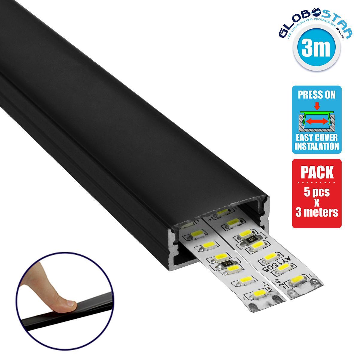 GloboStar® SURFACE-PROFILE 70810-3M Алуминиев профил - Основа и радиатор за LED лента с черно опушено покритие - За повърхностен монтаж - Натискащо п