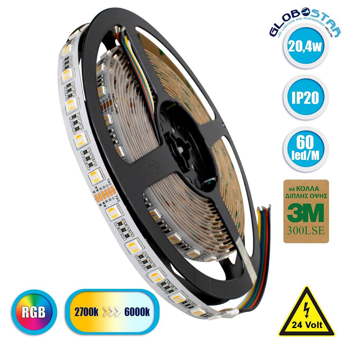 GLOBOSTAR® PRISMA 70265 LED лента 20.4W/m 2040lm/m 120° DC 24V IP20 60 x SMD5050 чипа/m Многоцветна RGBW+WW Димируема - Sanan SMD чип - Д500 x Ш1 x В