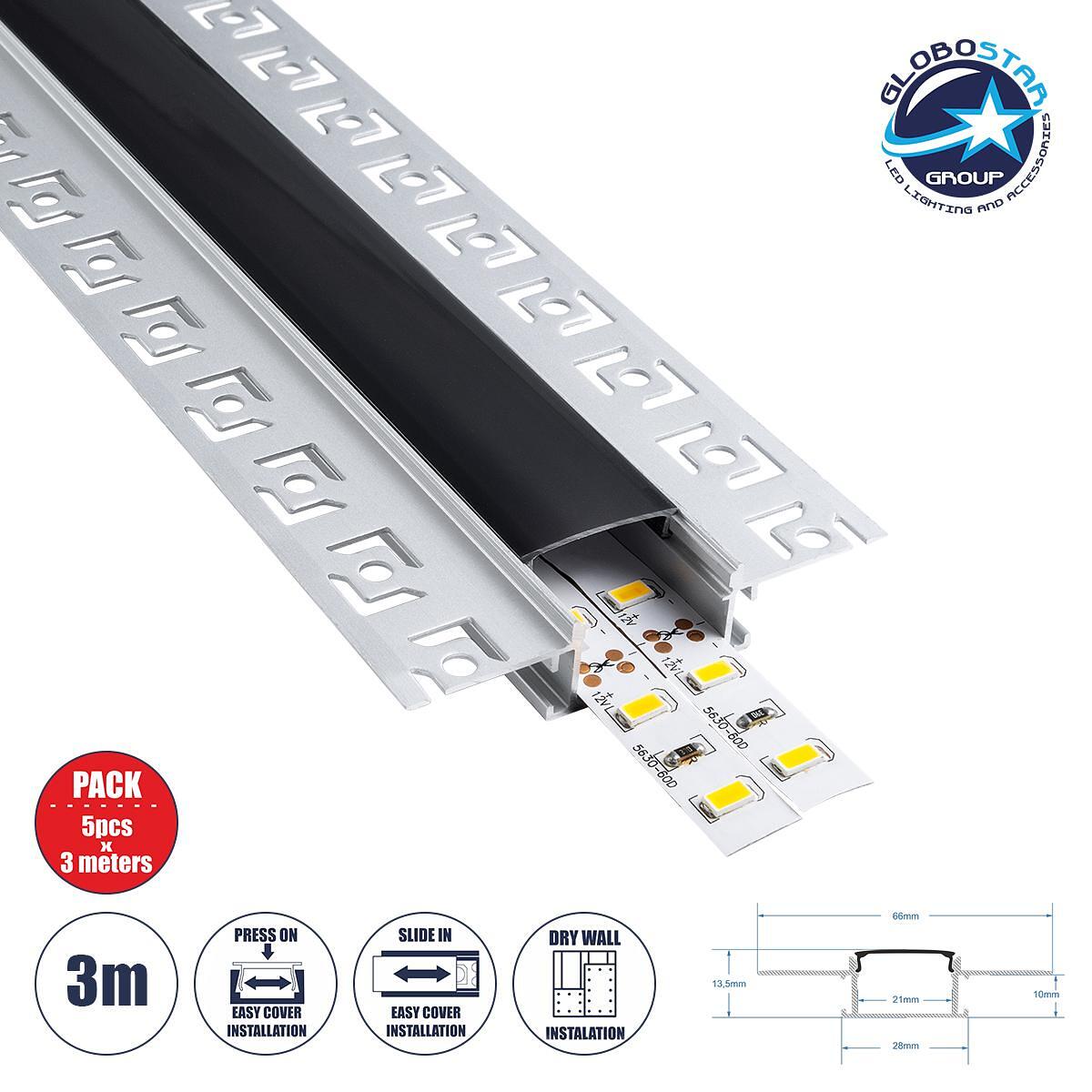 GloboStar® PLASTERBOARD-PROFILE 70820-3M Алуминиев профил – Основа и радиатор за LED лента с черен опушен капак – За вграждане в гипсокартон – Без ка
