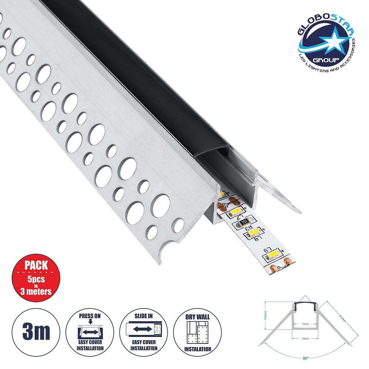 GloboStar® PLASTERBOARD-PROFILE 70822-3M Алуминиев профил – Основа и радиатор за LED лента с черен опушен капак – Вградена ъглова употреба за външен