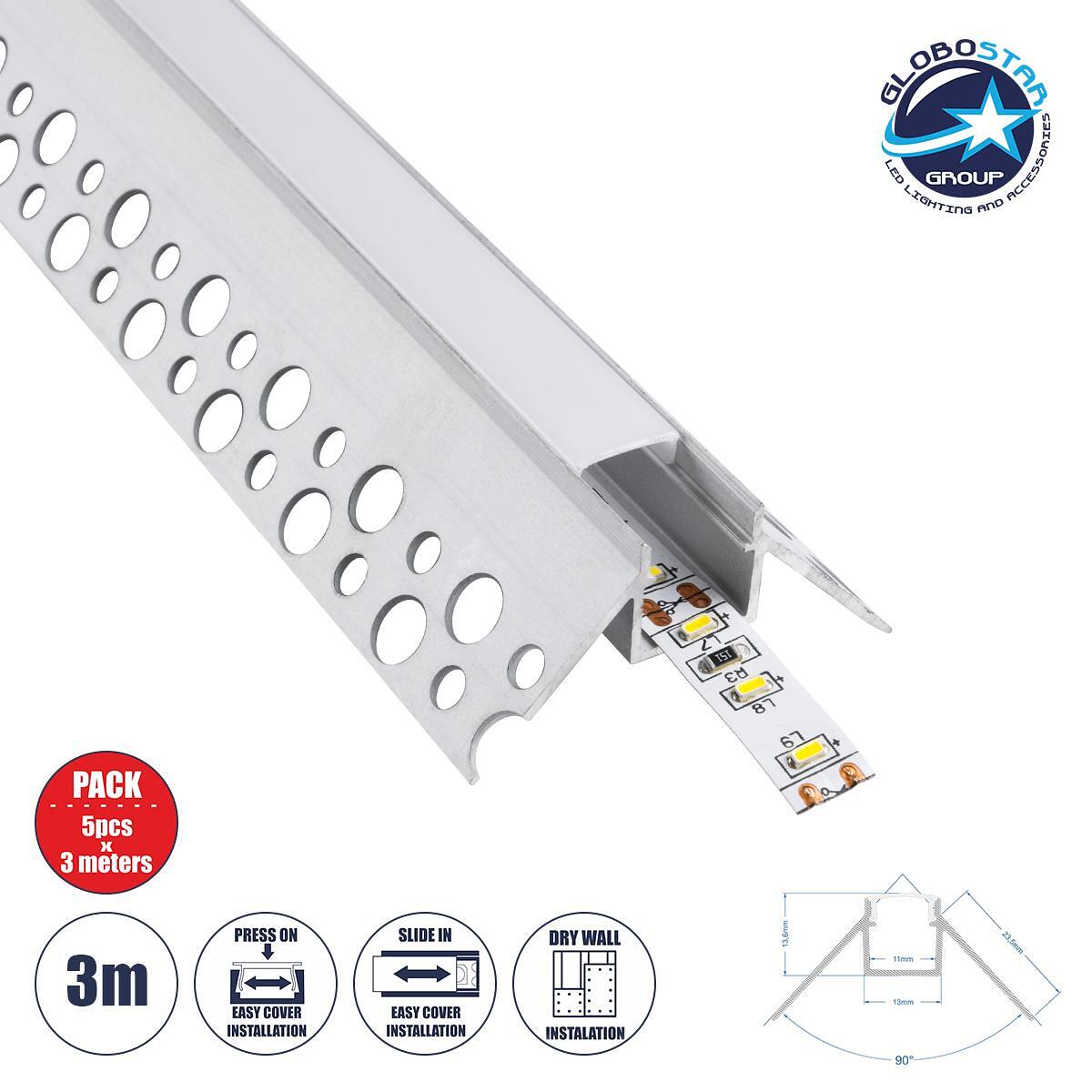 GloboStar® PLASTERBOARD-PROFILE 70821-3M Алуминиев профил - Основа и радиатор за LED лента с бяло матирано покритие - Вграден ъглов монтаж за външен