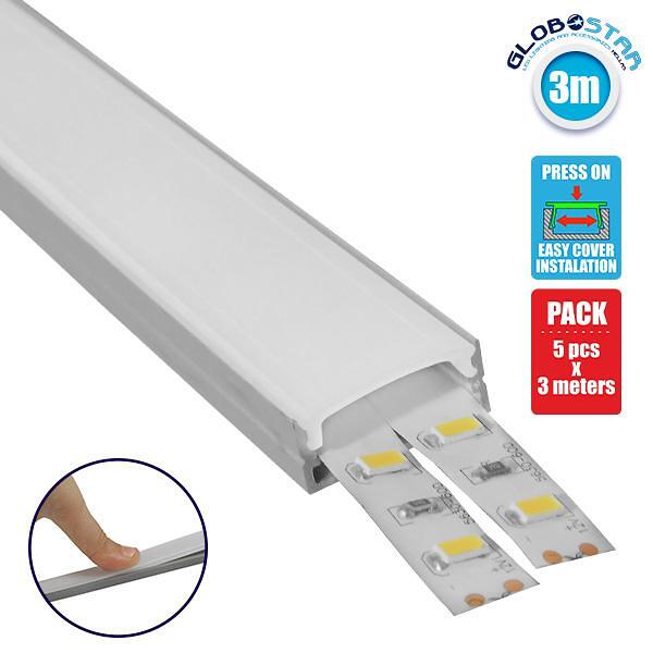GLOBOSTAR® ALP-LINEAR ALIENA 70809-3M Повърхностен Алуминиев Профил с Бяло Млечно Натискащо Капаче за LED Ленти IP20 - Сребристо & Бяло - Д300 x Ш2.4