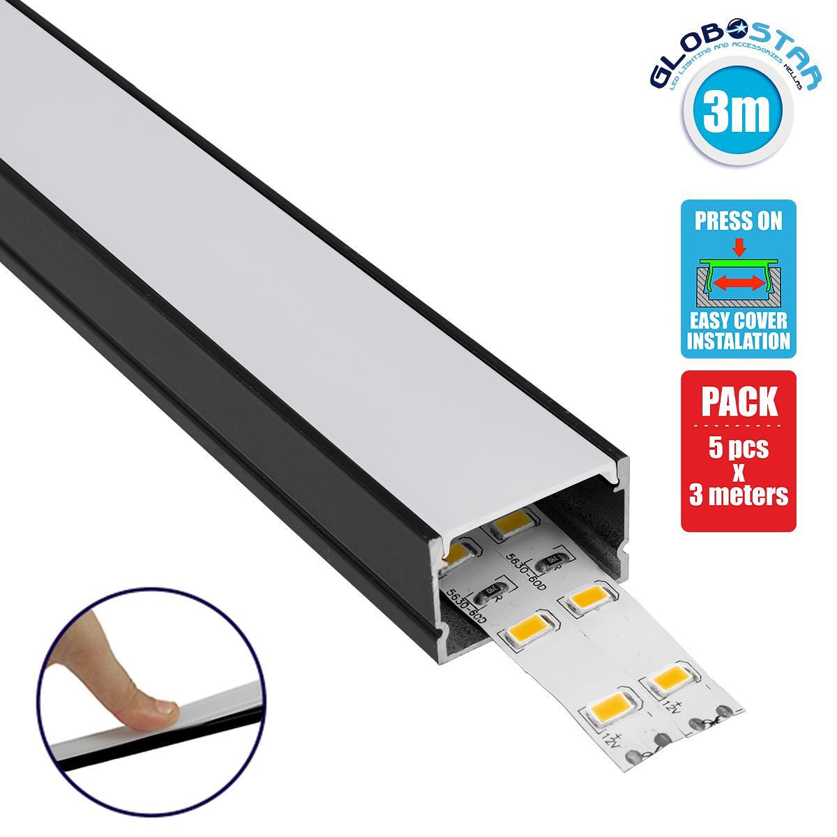 GLOBOSTAR® ALP-LINEAR VEXTA 70825-3M Повърхностен Алуминиев Профил с Бяло Матирано Натискащо Покритие за LED Ленти IP20 - Черен & Бял - Д300 x Ш3 x В