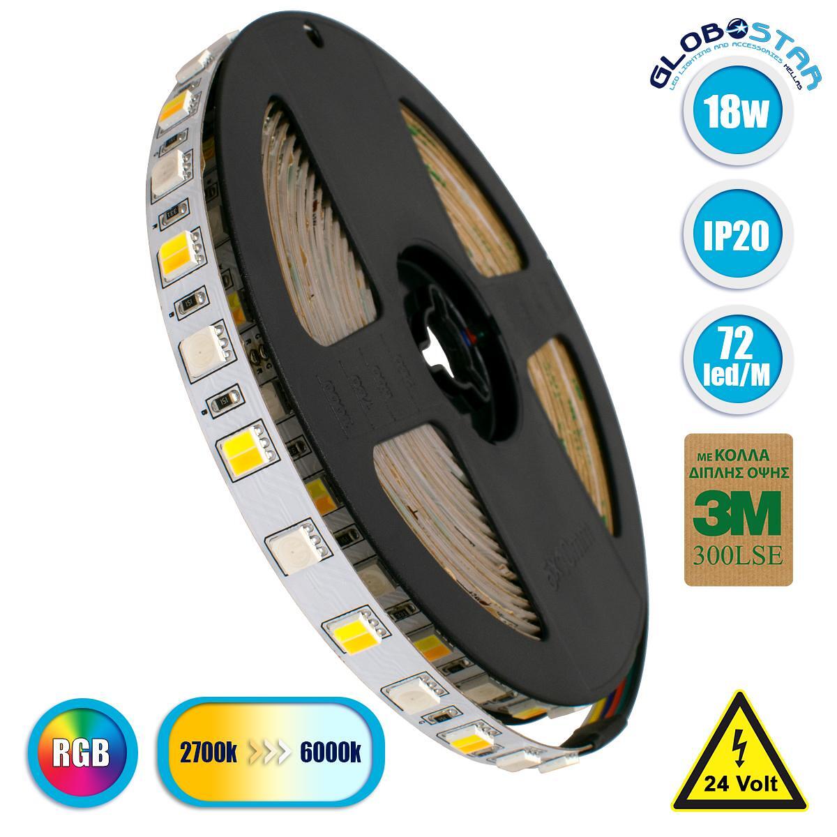 GLOBOSTAR® PRISMA 70266 LED лента 18W/m 1800lm/m 120° DC 24V IP20 72 x SMD5050 чипа/m Многоцветна RGBW+WW Димируема - Sanan SMD чип - Д500 x Ш1 x В0.