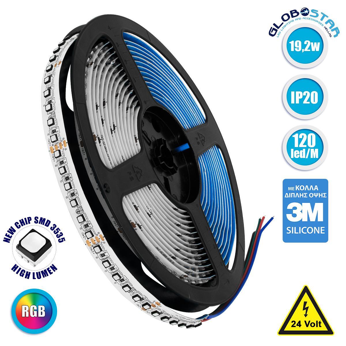 GLOBOSTAR® LUMAX 70267 LED лента 19.2W/m 2145lm/m 120° DC 24V IP20 120 x SMD3535 чип/м Многоцветна RGB Димируема - Sanan SMD чип - Д500 x Ш1.5 x В0.2