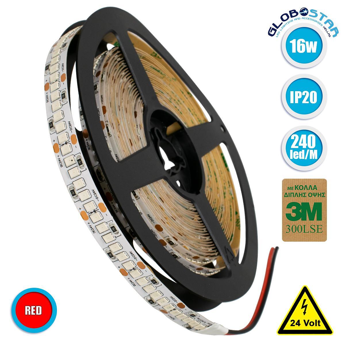 GLOBOSTAR® LUXA 70244 LED лента 16W/m 1280lm/m 120° DC 24V IP20 240 x SMD2835 чипа/m Червена Dimmable - Sanan SMD чип - Д500 x Ш1 x В0.2cm - Ролка 5