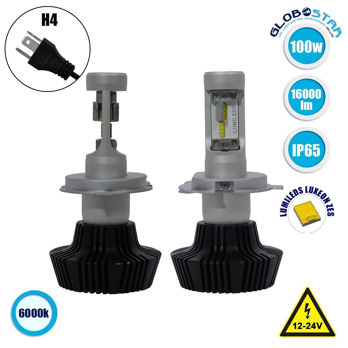 GloboStar® 81663 H4 LED HID КОМПЛЕКТ за Основно Осветление 3-то Поколение Can Bus Extreme Версия Luxeon Zes Chip 100 Watt 16000 Lumens DC 12-24 Volt