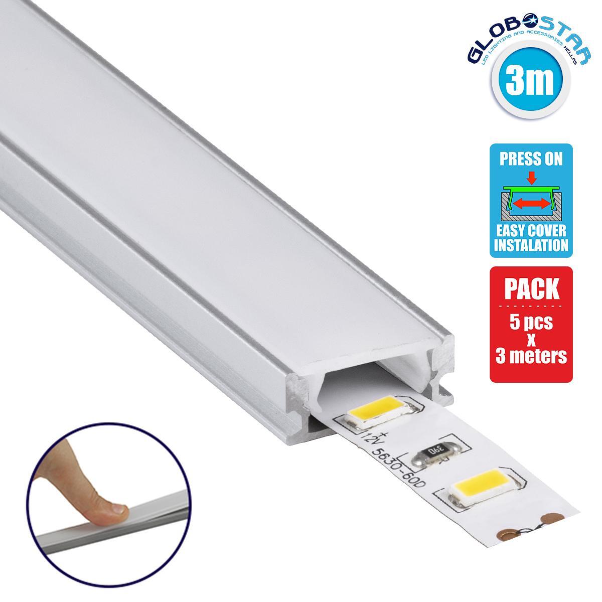 GLOBOSTAR® ALP-LINEAR SURFABO 70805-3M Повърхностен Алуминиев Профил с Бяло Млечно Натискащо Капаче за LED Ленти IP20 - Сребристо & Бяло - Д300 x Ш1.