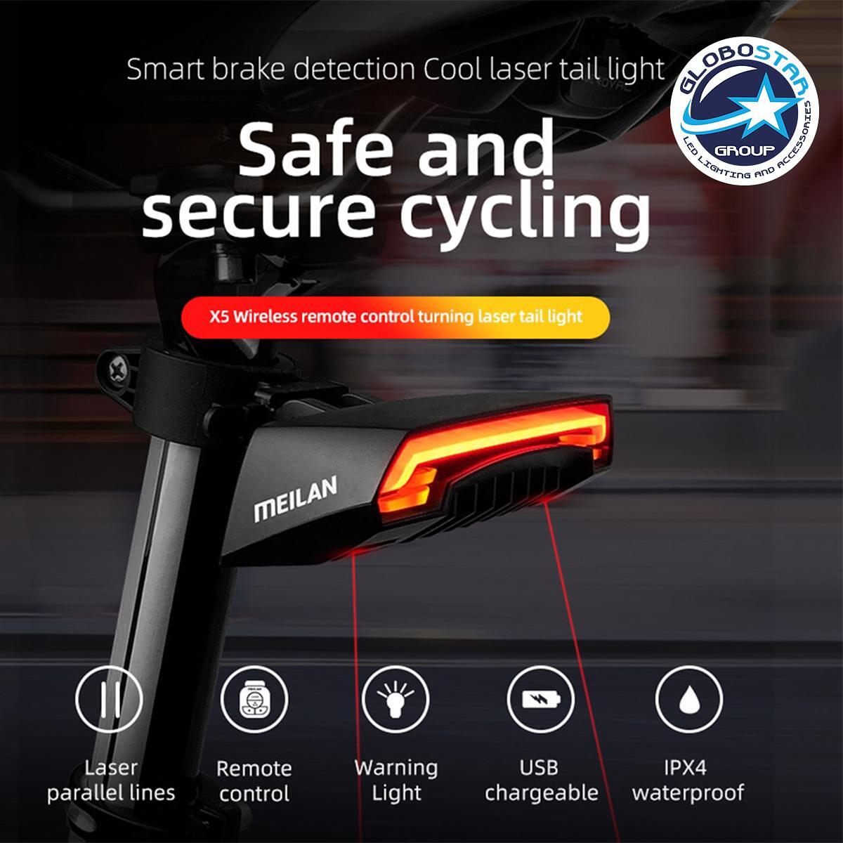 GloboStar® 86050 Безжична Задна LED Светлина за Велосипед, Презареждаща се с USB, Стоп - Ляв Мигач - Десен Мигач с Безжично Дистанционно за Кормило