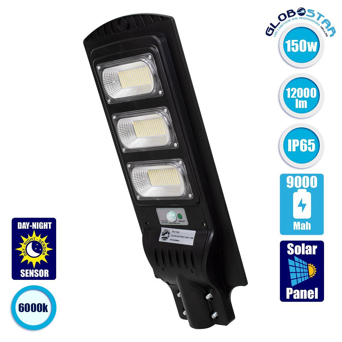 GloboStar® 71552 Самостоятелна Соларна Улична Лампа Street Light LED SMD 150W 12000lm с Вградена Li-ion Батерия 9000mAh - Фотоволтаичен Панел с Дневн