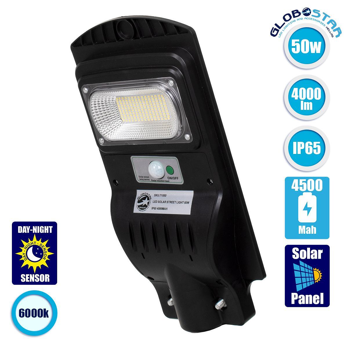GloboStar® 71550 Самостоятелна Соларна Улична Лампа Street Light LED SMD 50W 4000lm с Вградена Li-ion Батерия 4500mAh - Фотоволтаичен Панел с Дневно-