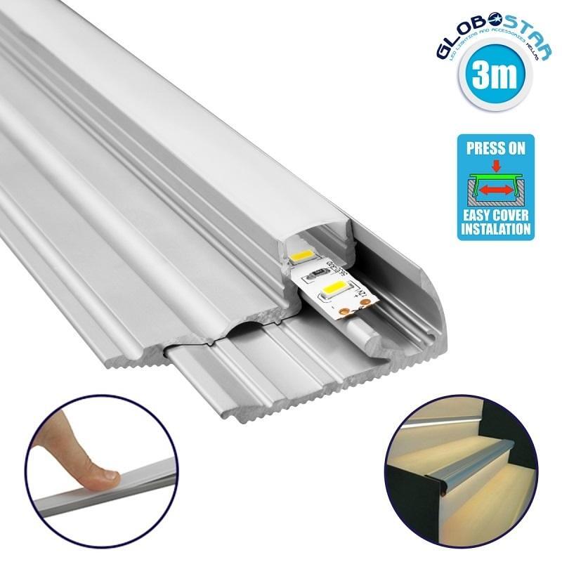 GloboStar® STAIR-PROFILE 70823-3M Алуминиев профил - Основа и радиатор за LED лента с бяло матово покритие - За употреба на стълби - Натискащ капак -