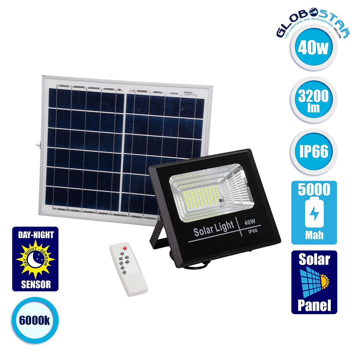 GLOBOSTAR® HERMES 71555 Прожектор с IR безжично дистанционно управление LED 40W 2000lm 120° DC 5V със соларен панел 5V 6W и презареждаща се Li-ion ба