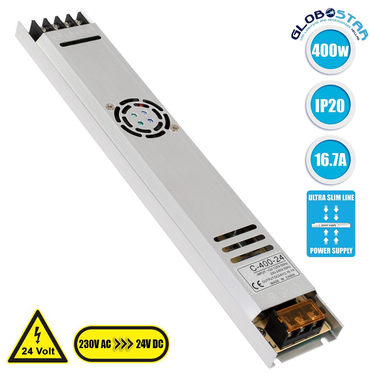 GloboStar® 73019 Метално Захранване PELV Ultra Slim за LED продукти 400W 16.7A - AC 220-240V към DC 24V - IP20 Д31 x Ш5.4 x В2.3cm - 3 години гаранци