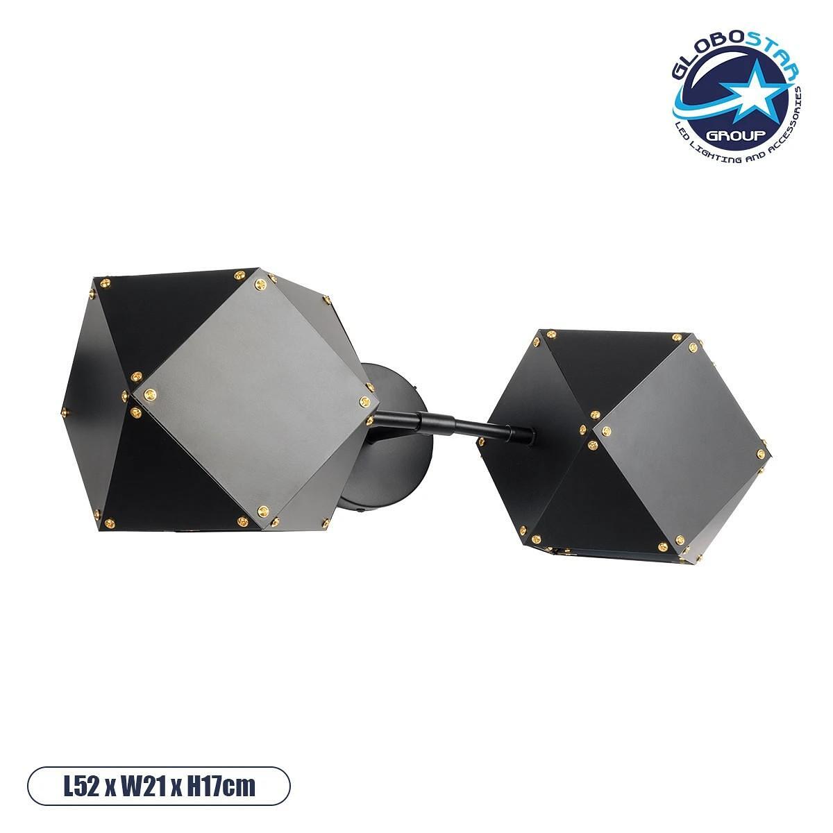 GLOBOSTAR® WELLES 00795 Модерен стенен аплик с фасунга 2 x E14 AC 220-240V IP20 - Черен - Д52 x Ш21 x В17cm