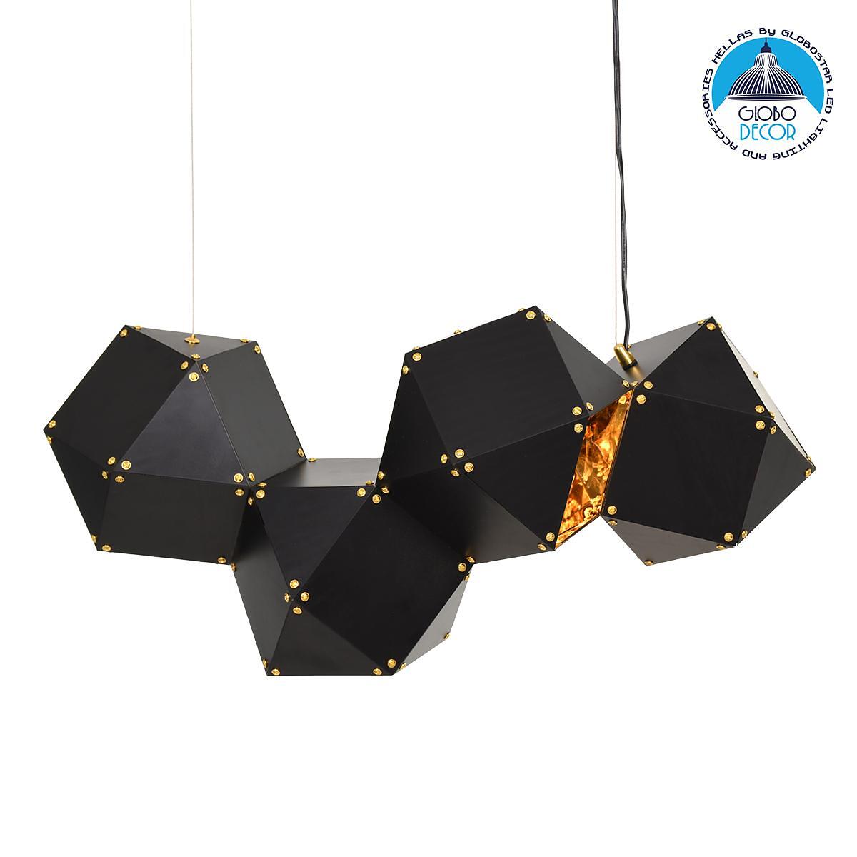 GLOBOSTAR® WELLES REPLICA 00796 Модерен висящ таванен осветител с фасунга 4 x E14 AC 220-240V IP20 - Черен & Златен - Д68 x Ш32 x В30cm