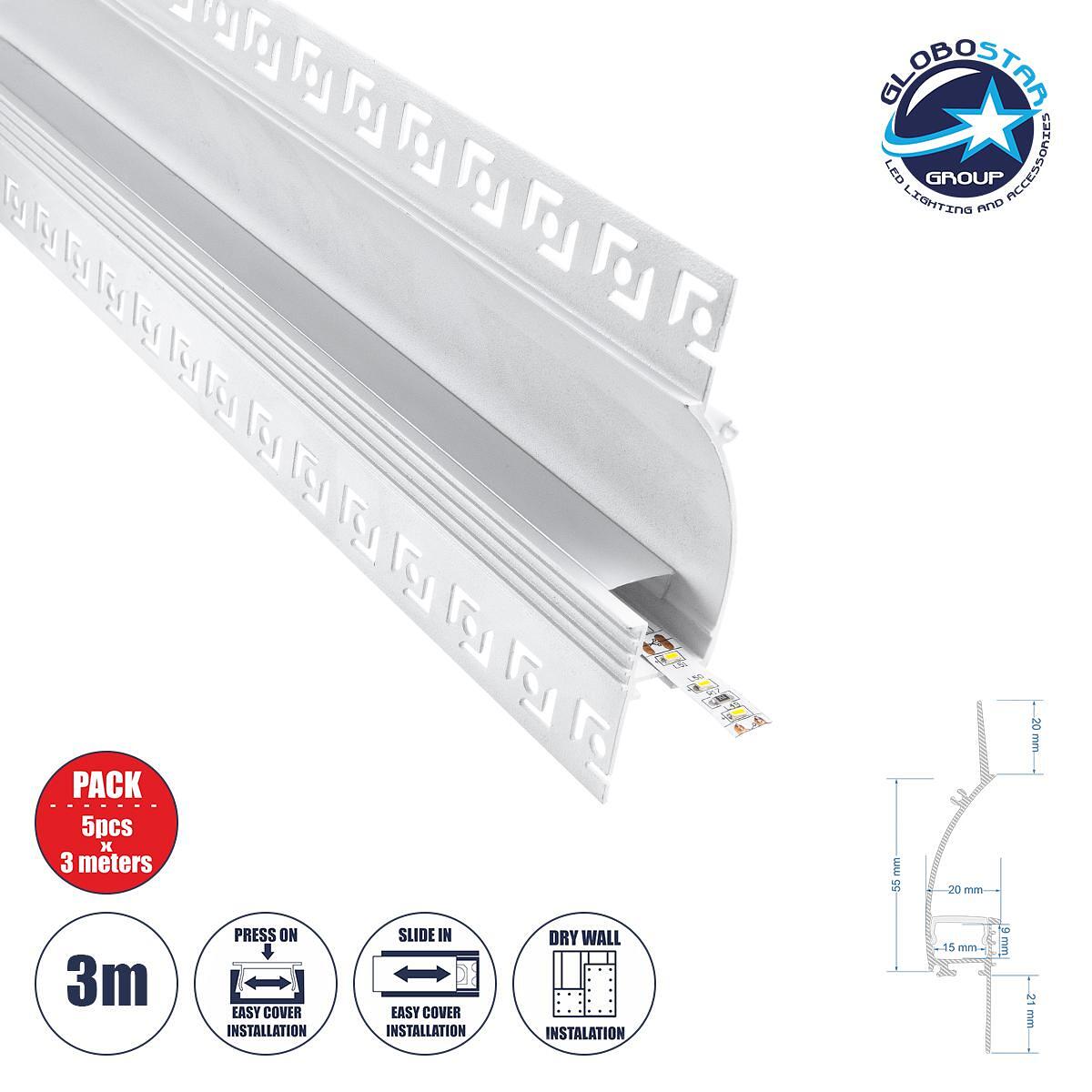 GLOBOSTAR® ALP-PLASTERIN GYPSO 70840-3M Вграден алуминиев профил, специален за създаване на скрито осветление в гипсокартон с бяло матово притискащо