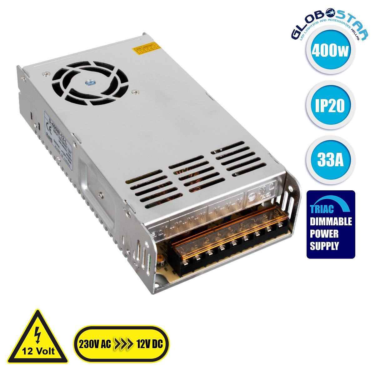 GloboStar® 73092 Triac Захранване LED 400W DC 12V 33.3A IP20 Димируемо М21.5 x Ш11.5 x В5cm
