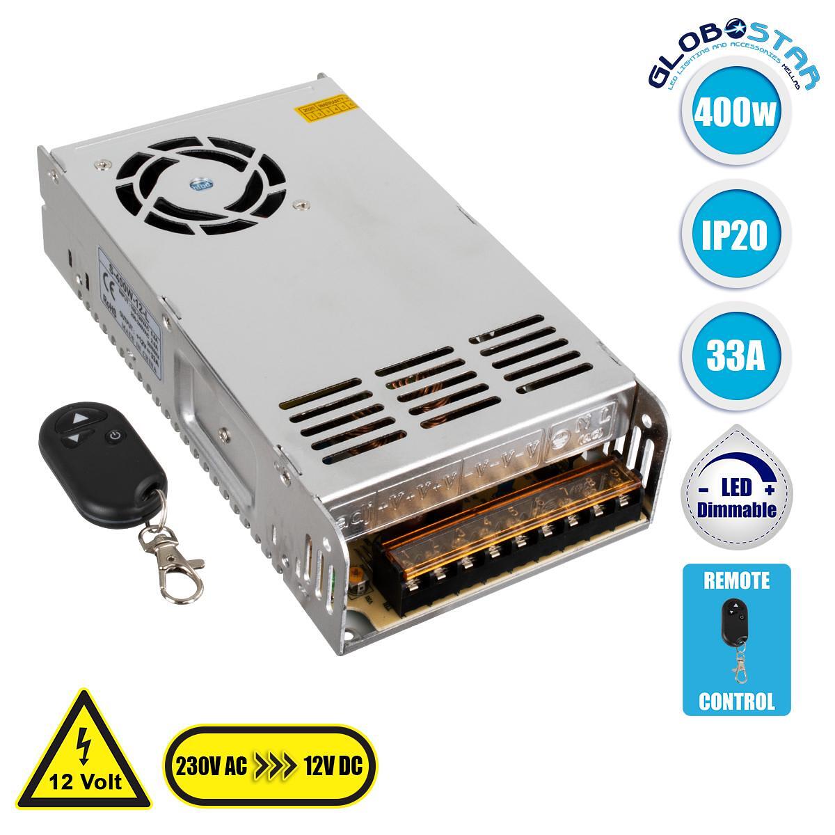 GloboStar® 73093 Безжично Захранване LED 400W DC 12V 33.3A с RF Дистанционно IP20 Димируемо М21.5 x Ш11.5 x В5cm