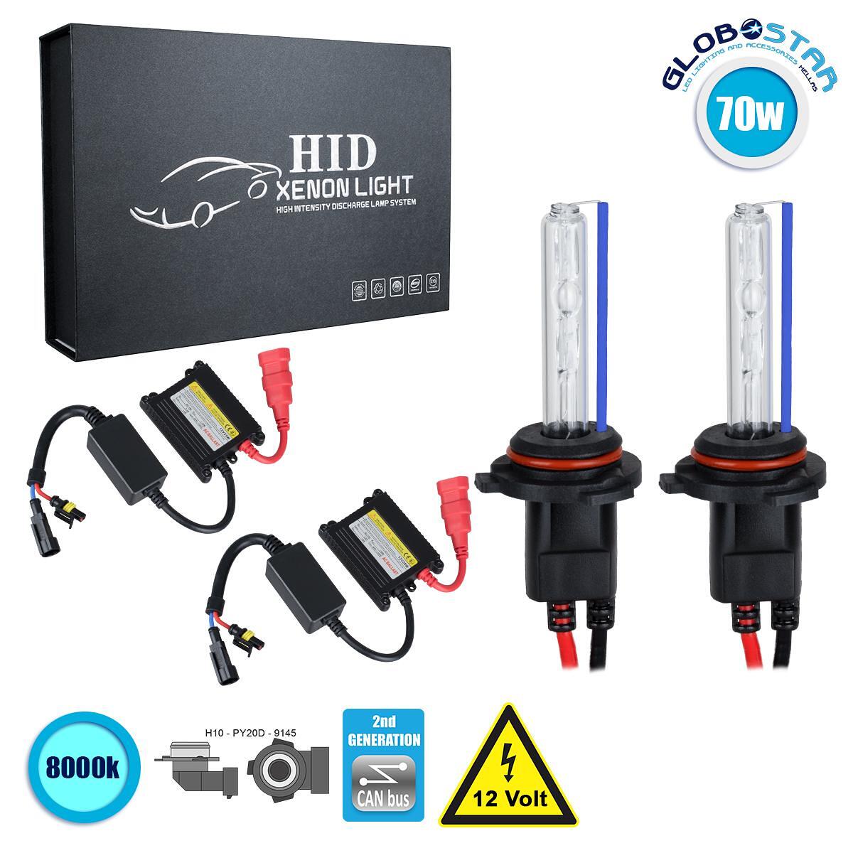 GloboStar® 84117 H10 CB Line KIT Основен Осветителен Комплект за Автомобил и Мотоциклет 2-ро Поколение Can-Bus Серия XENON 70W 6400lm DC 9-16V Водоус