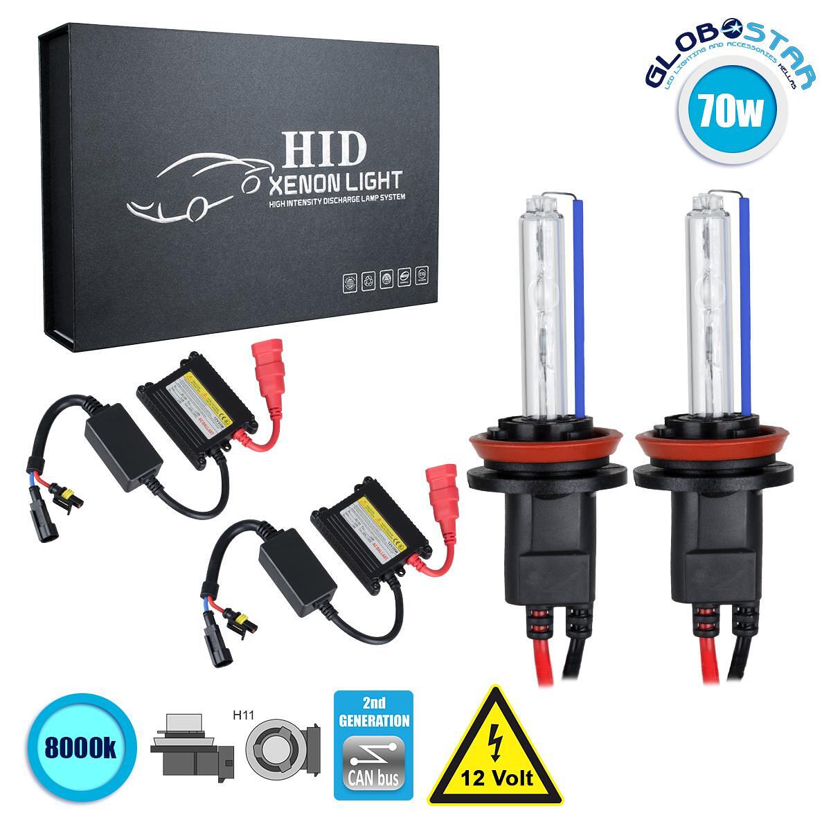 GloboStar® 84118 H11 CB Line KIT Основен Осветителен Комплект за Автомобил и Мотоциклет 2-ро Поколение Can-Bus Серия XENON 70W 6400lm DC 9-16V Водоус
