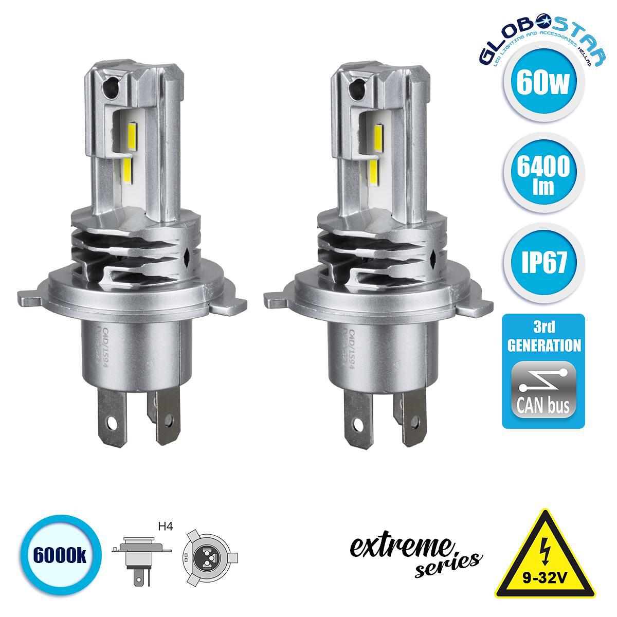 GLOBOSTAR® LEDKITM4 81665 Крушка H4 CANbus LED 20W/40W 3200lm/6400lm 360° DC 12-24V Водоустойчива IP65 Студено Бяло 6000K - CREE COB Чип - Ш4.7 x Д4.