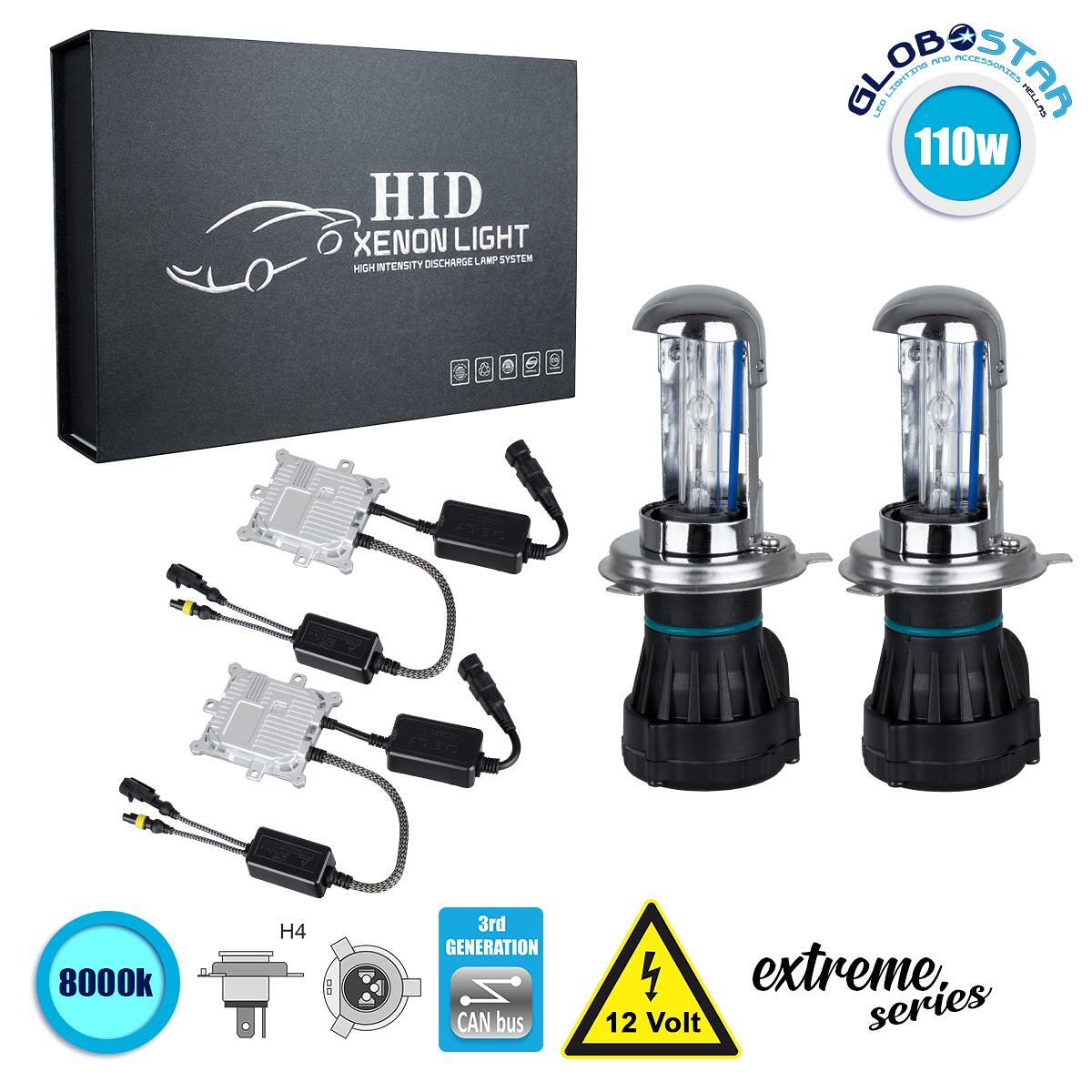 GloboStar® 84157 H4 XCB Line KIT Основен Осветителен Комплект за Автомобил и Мотоциклет 3-то Поколение Can-Bus Extreme Series Bi-XENON 110W 10350lm D
