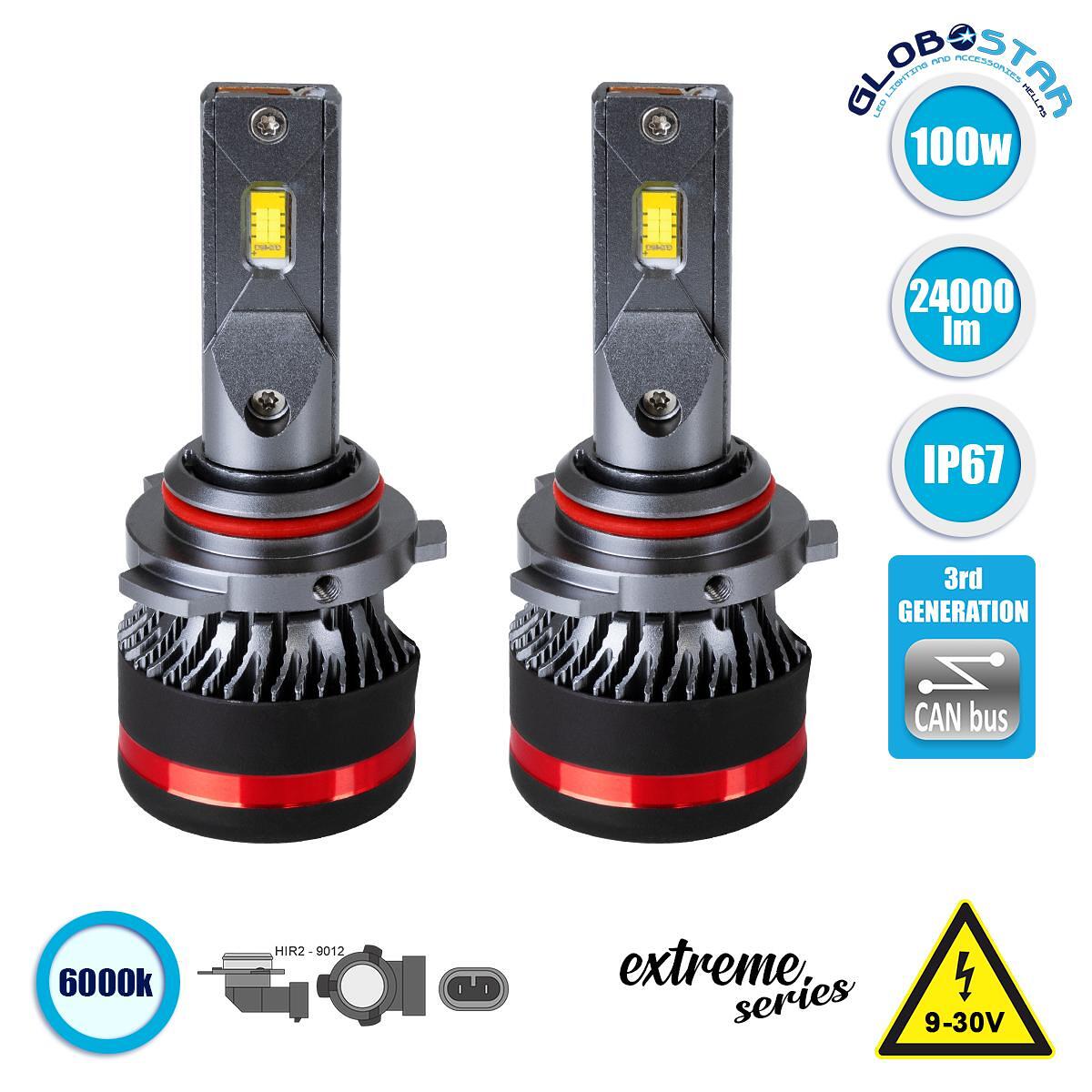 GLOBOSTAR® LEDKITM8PRO 82091 Крушка HIR2 9012 CANbus LED 60W/120W 6000lm/12000lm 360° DC 12-24V Водоустойчива IP65 Студено Бяло 6000K - CREE COB Чип