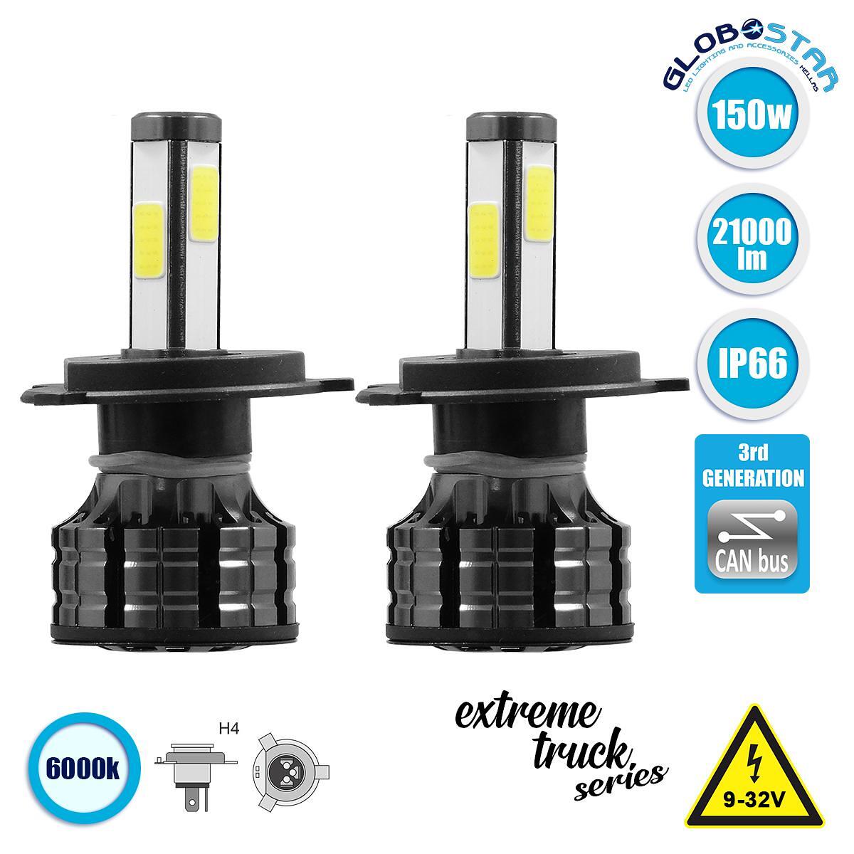 GloboStar® 82042 H4 K9 Line KIT Основно Осветление за Автомобили и Камиони 3rd Generation Can-Bus Series LED CREE CXB COB 150W 21000lm DC 9-32V Водоу