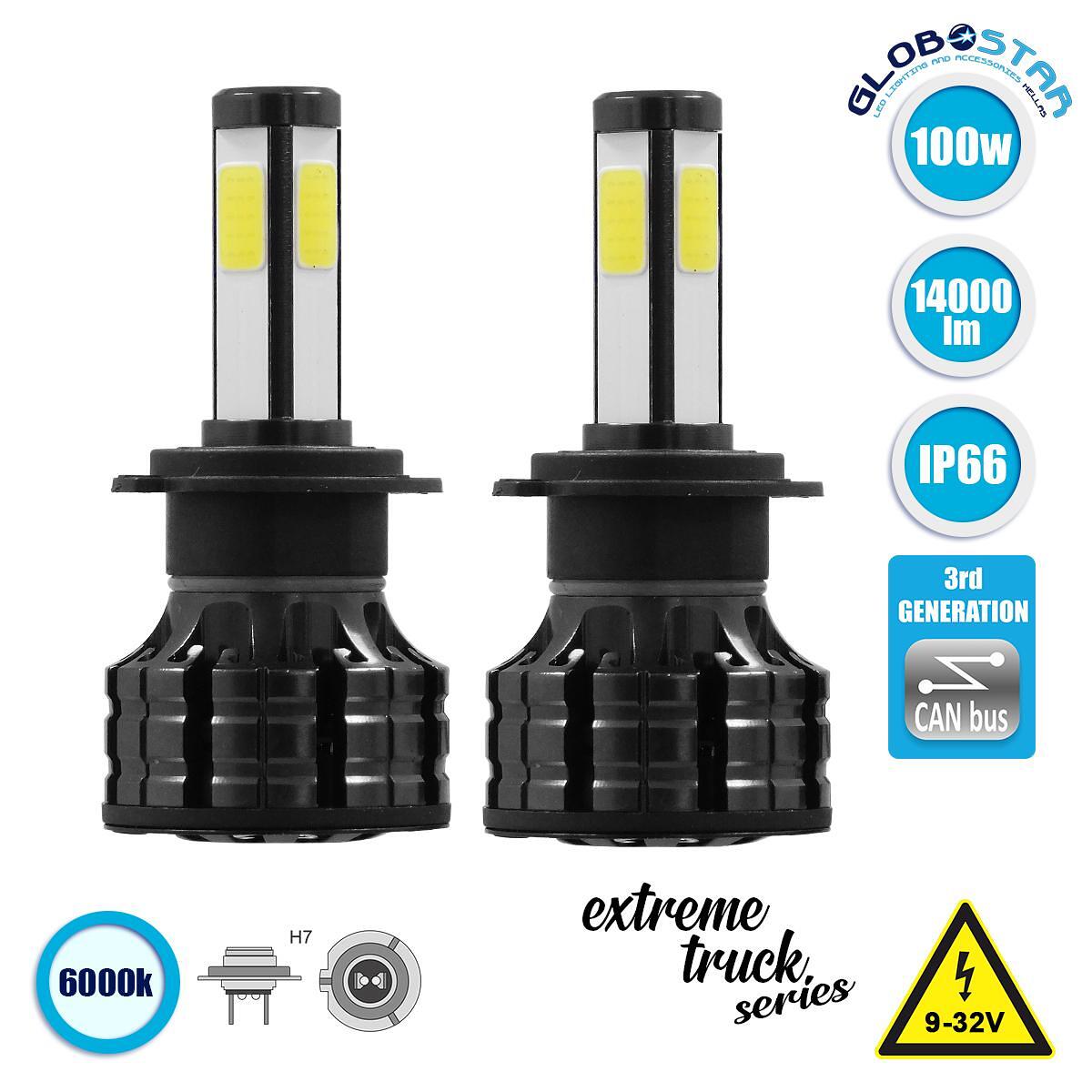 GloboStar® 82043 H7 K9 Line KIT Основно Осветление за Автомобили и Камиони 3-то Поколение Can-Bus Серия LED CREE CXB COB 100W 14000lm DC 9-32V Водоус