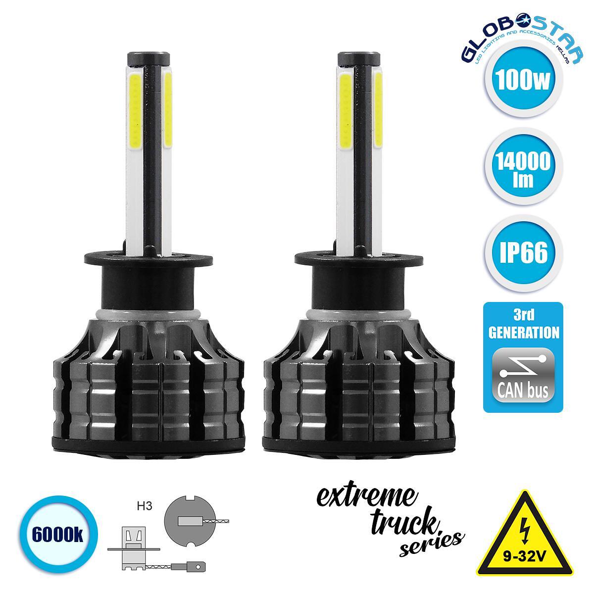GloboStar® 82041 H3 K9 Line KIT Основно Осветление за Автомобили и Камиони 3-то Поколение Can-Bus Серия LED CREE CXB COB 100W 14000lm DC 9-32V Водоус