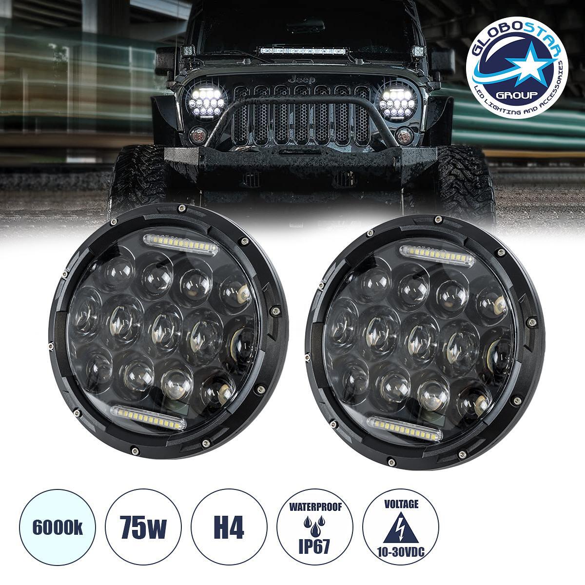 GloboStar® 85417 Комплект 2 x Фарове JEEP WRANGLER 7'' инча Основно Осветление H/L с Ring Light DRL & Мигач LED CREE CXB COB 75W 12000lm DC 10-30V Во