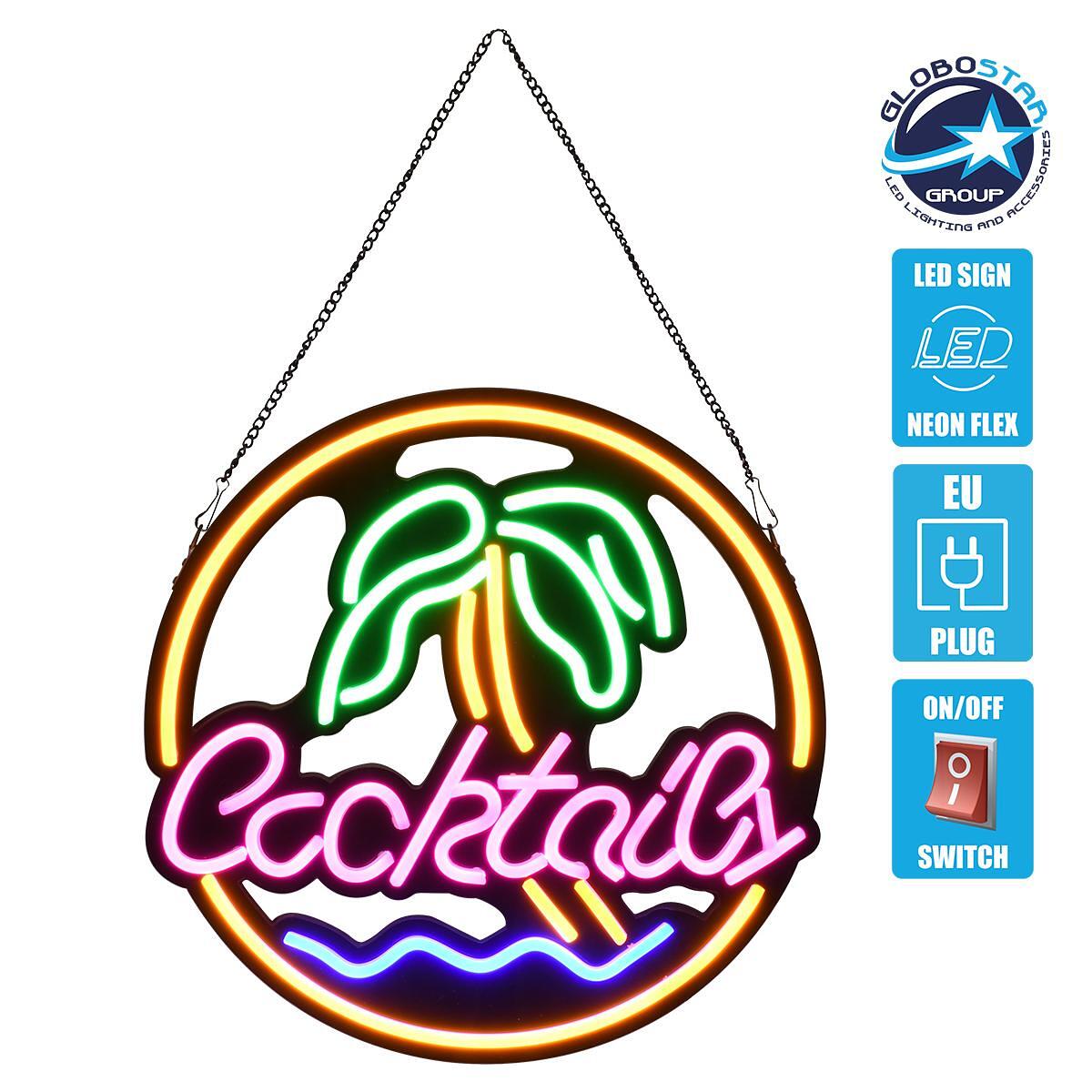 GloboStar® 85851 Светеща Табела Неонова LED Надпис COCKTAILS 30W AC 230V с Включване/Изключване Розово - Светлосиньо - Жълто - Зелено