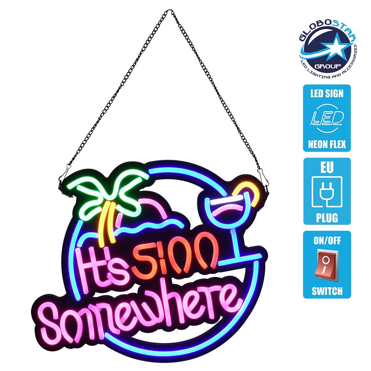 GloboStar® 85853 Светеща Табела Неонова LED Надпис ITS 5:00 SOMEWHERE 30W AC 230V с Включване/Изключване Розово - Светлосиньо - Жълто - Зелено - Черв