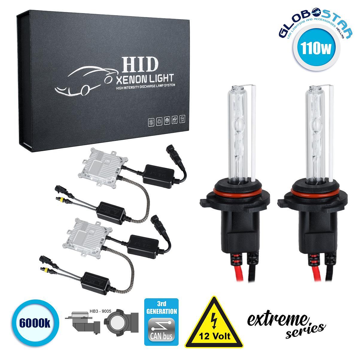 GloboStar® 84153 HB3 9005 XCB Line KIT Основно Осветление за Автомобил и Мотоциклет 3-то Поколение Can-Bus Extreme Series XENON 110W 10350lm DC 9-16V