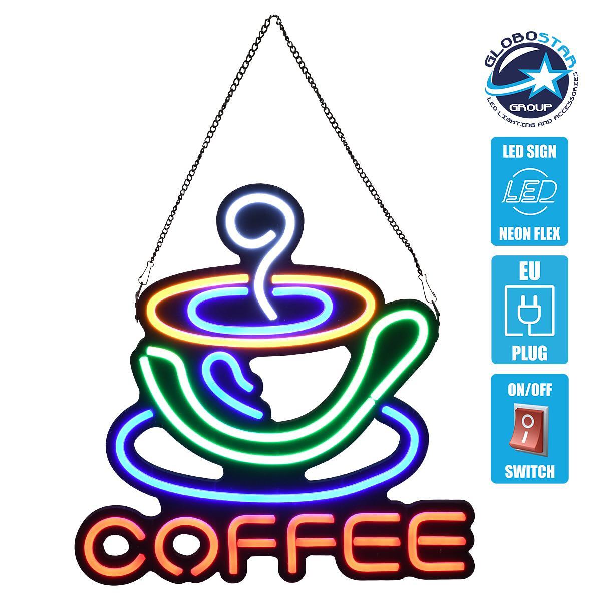 GloboStar® 85855 Светеща табела НЕОН LED за маркиране COFFEE 30W AC 230V с ключ On/Off Бяло - Светлосиньо - Жълто - Зелено - Червено