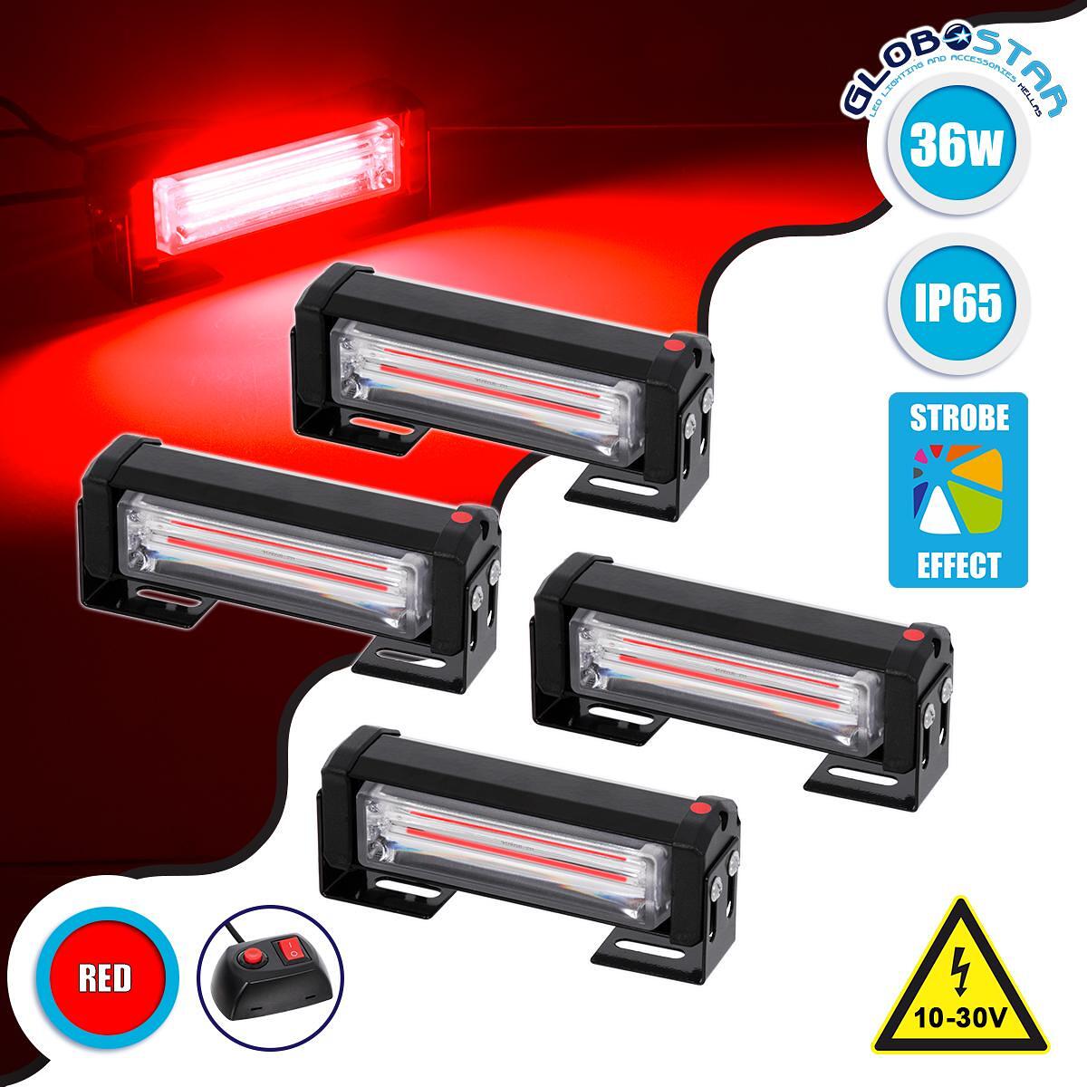GloboStar® 85030 PRO Series КОМПЛЕКТ 4 x Светлинни Ленти за Маркиране на Пожарни Превозни Средства за Коли и Камиони 13 Режима на Осветление STROBE L