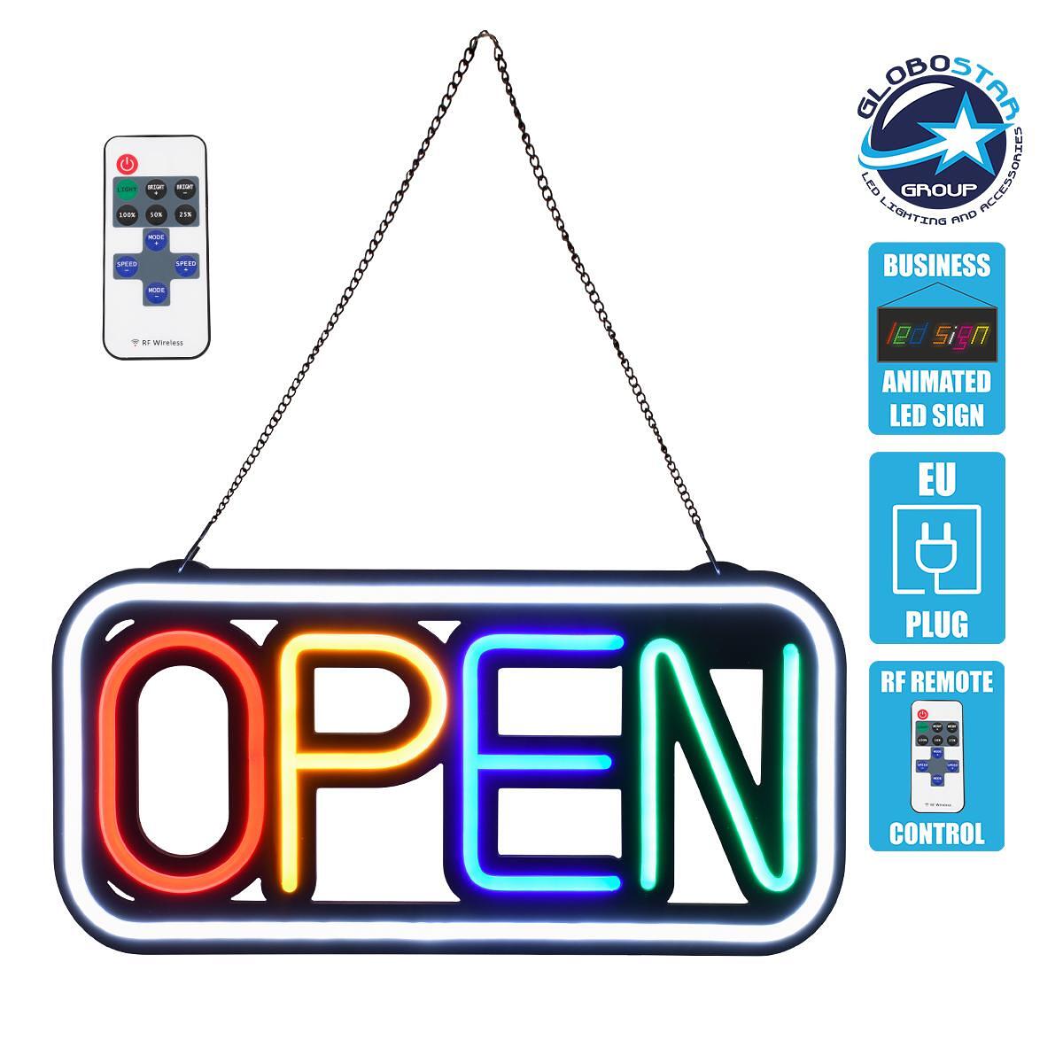 GloboStar® 85857 Светеща Табела Неонова LED Рекламна Надпис Animated Square OPEN 30W AC 230V с Включвател On/Off и Безжично Дистанционно IR Бял - Чер