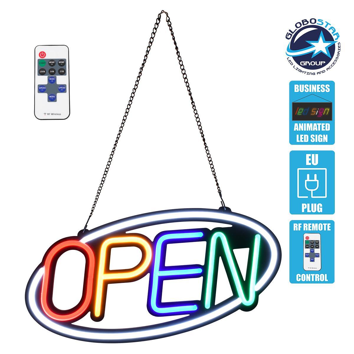 GloboStar® 85858 Осветително Табло Светеща Неонова LED Табела за Маркировка Animated Ovale OPEN 30W AC 230V с Включвател On/Off и Безжично Дистанцион