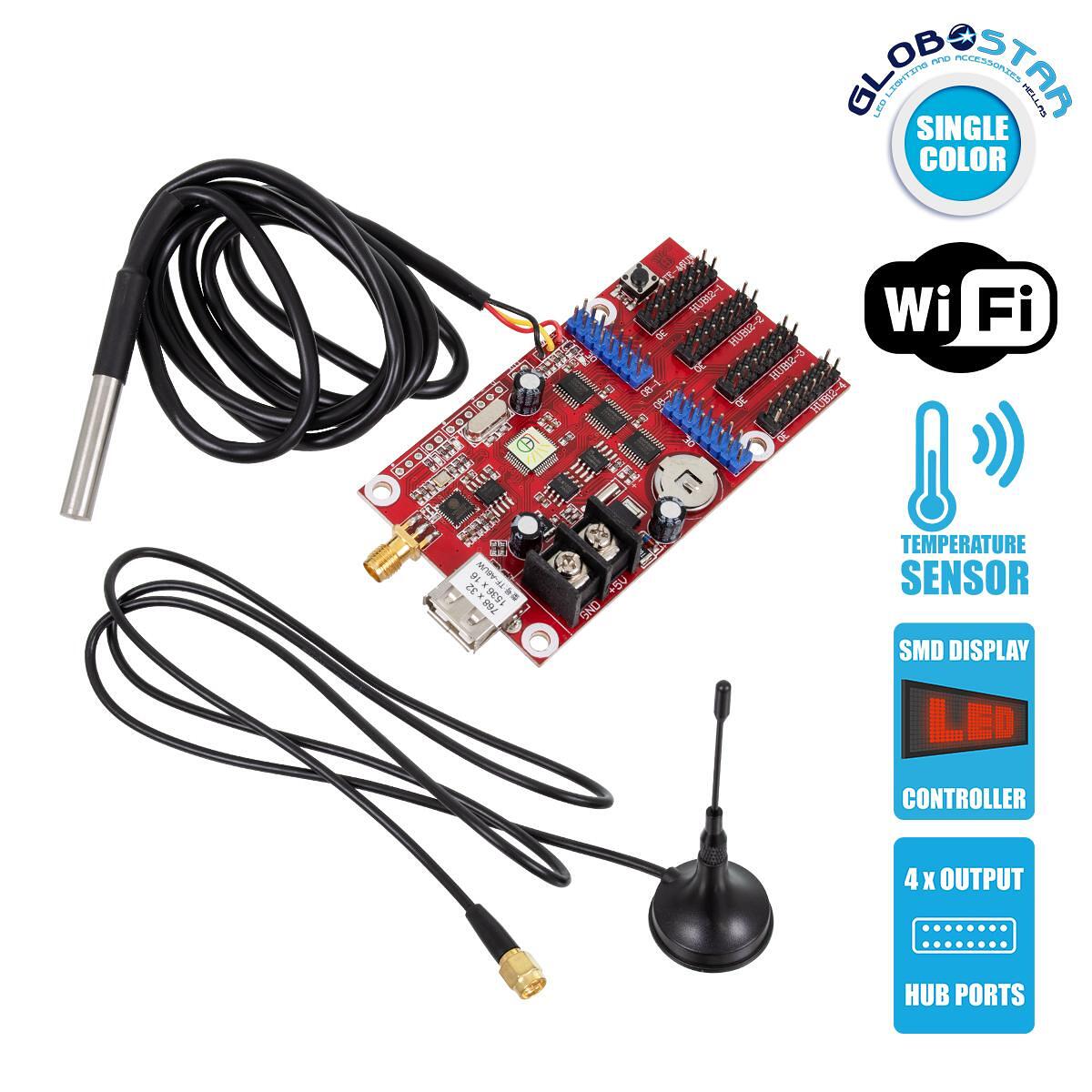 GloboStar® 90388 Безжичен Контролер WiFi TF-A6UW-4 с USB вход и температурен сензор с 4 HUB изхода за едноцветна движеща се LED табела