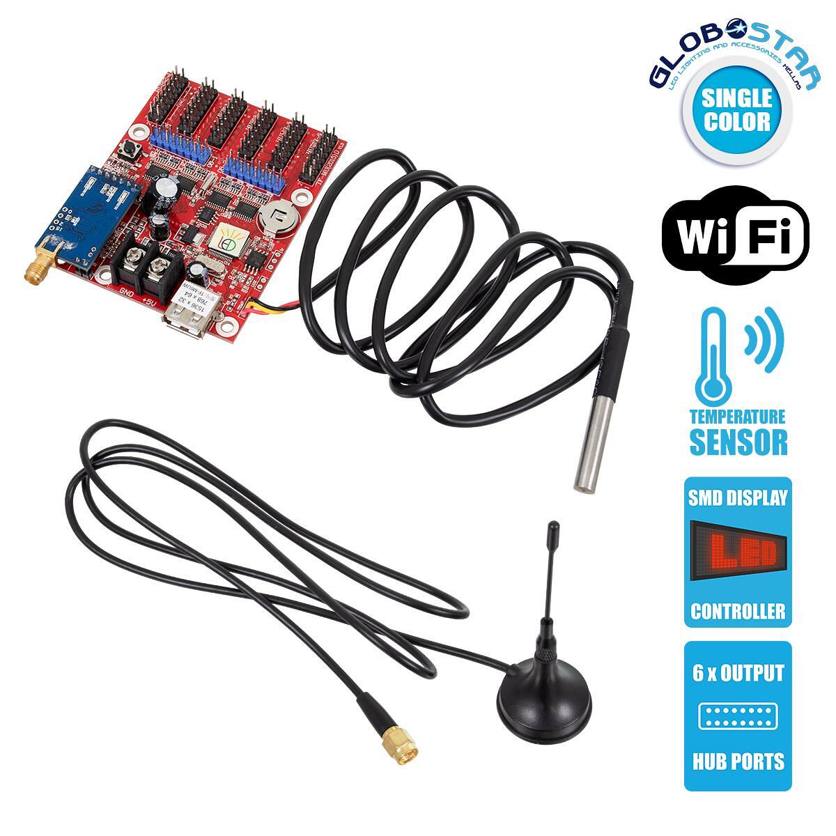 GloboStar® 90389 Безжичен Контролер WiFi TF-M6UW-6 с USB вход и температурен сензор с 6 HUB изхода за едноцветна движеща се LED табела