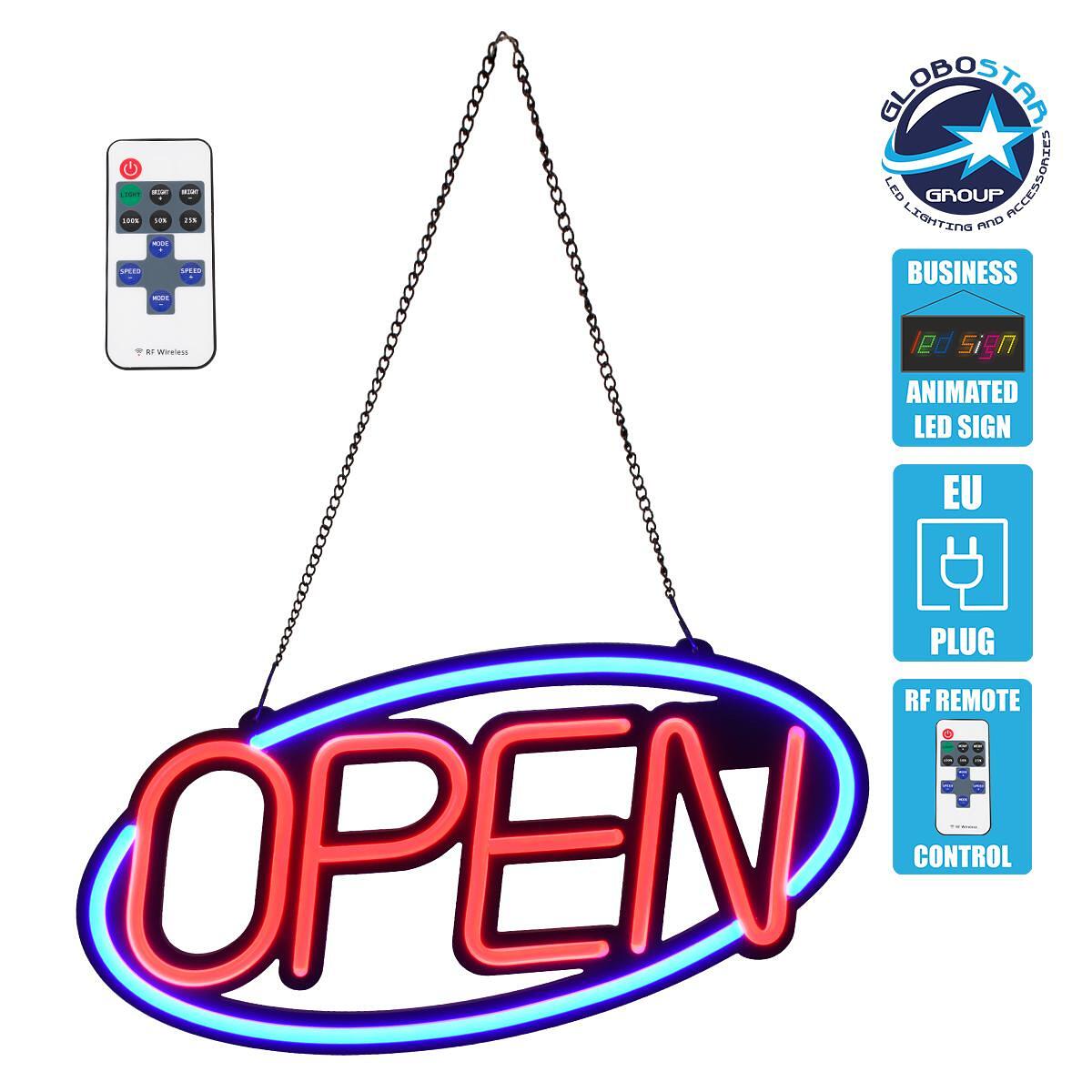 GloboStar® 85860 Светеща Табела Неонова LED Надпис Animated Ovale OPEN 30W AC 230V с Включвател On/Off и Безжично IR Дистанционно Синьо - Червено