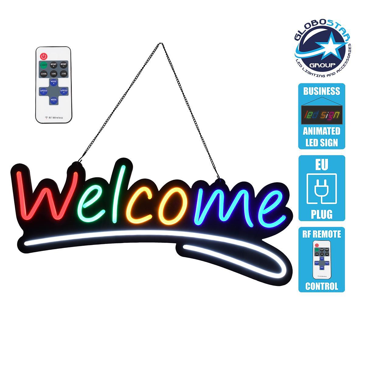 GloboStar® 85861 Светеща Табела Неонова LED Надпис Animated WELCOME 30W AC 230V с Включвател On/Off и Безжично IR Дистанционно Червено - Зелено - Жъл