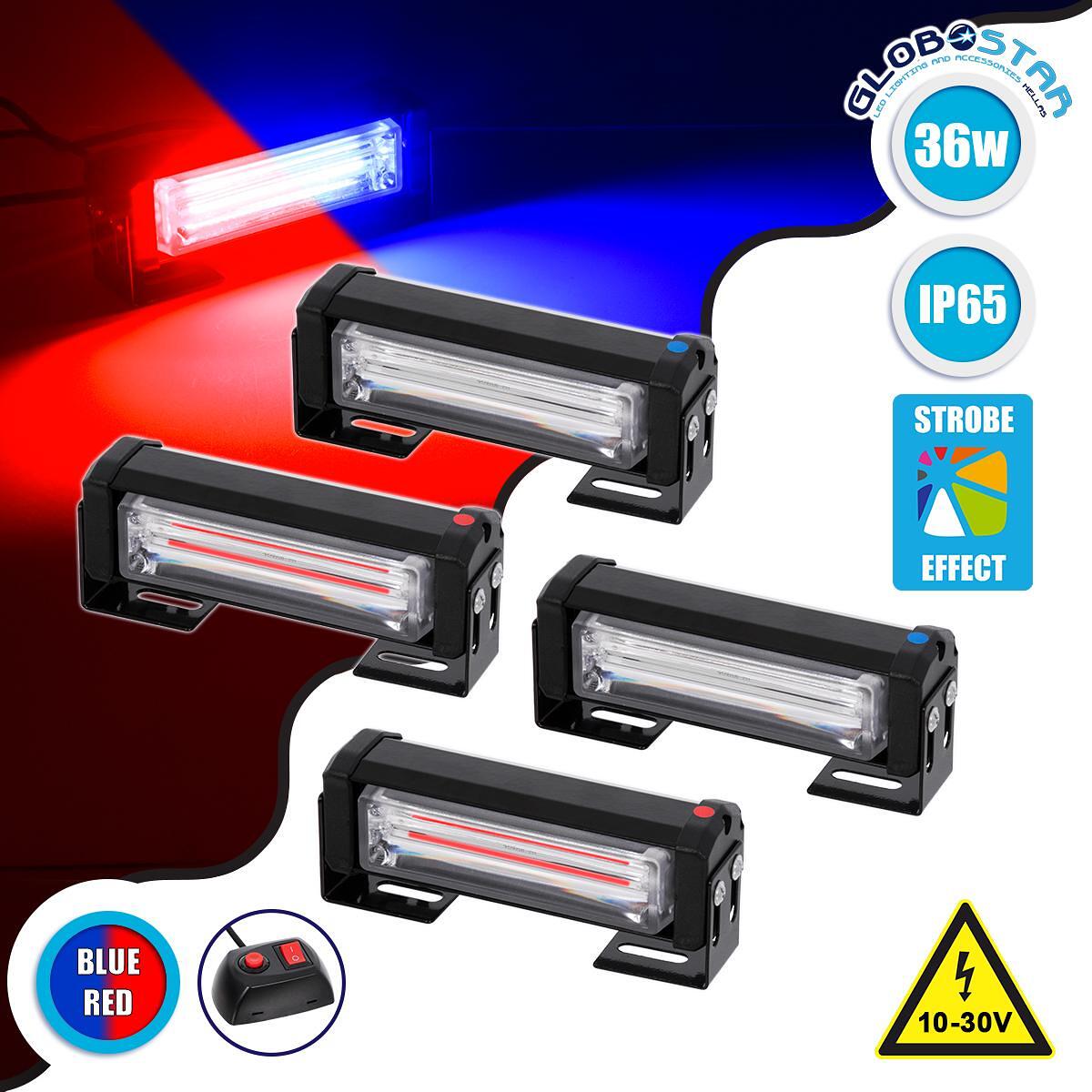 GloboStar® 85035 PRO Series КОМПЛЕКТ 4 x Светлинни Ленти за Полицейско Маркиране на Превозни Средства за Коли и Камиони 13 Светлинни Програми LED CRE